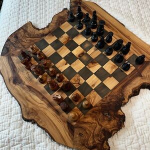 Handcrafted Olive Wood Chess Set with Black and Brown Wooden Pieces Never Played